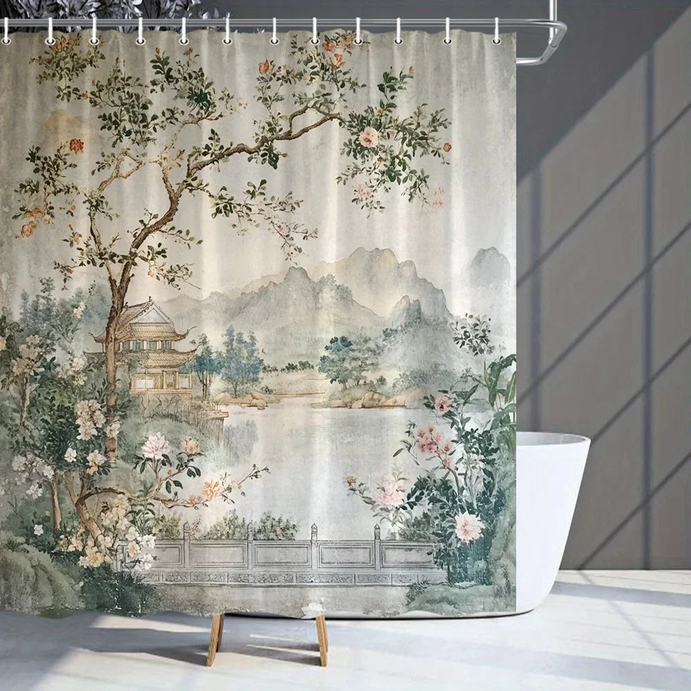 rideau douche paysage oriental montagnes fleurs opacité vert beige rose gris blanc artiste