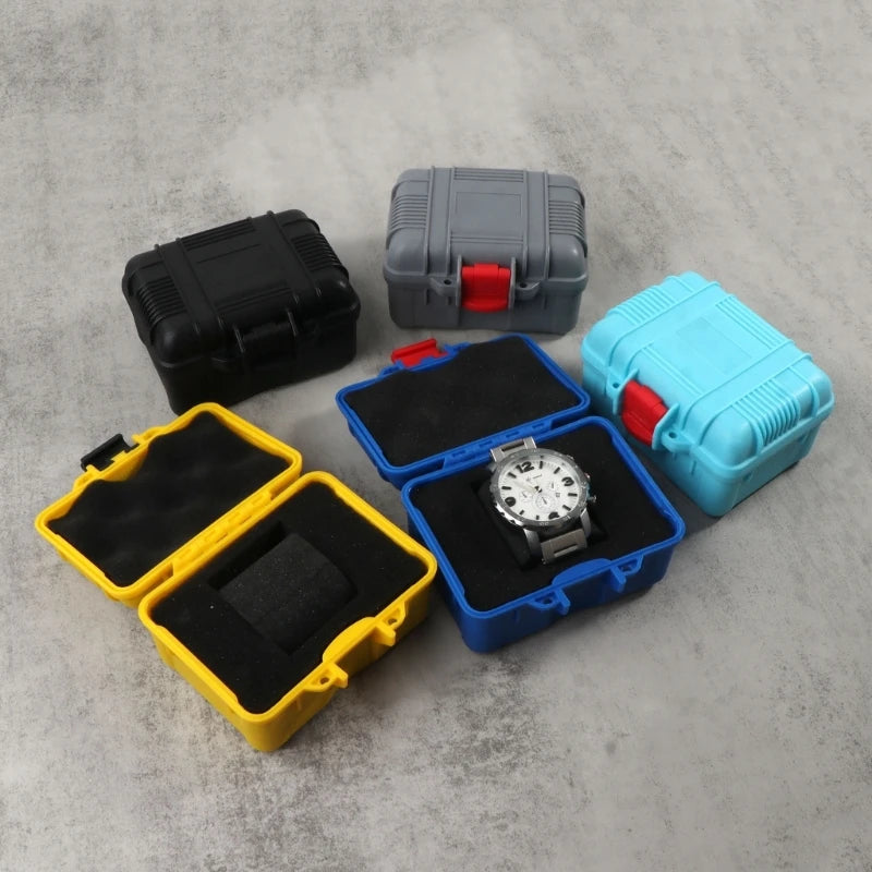 boîtes rangement montres simili cuir noir bleu jaune gris texture relief pratique robuste poignées