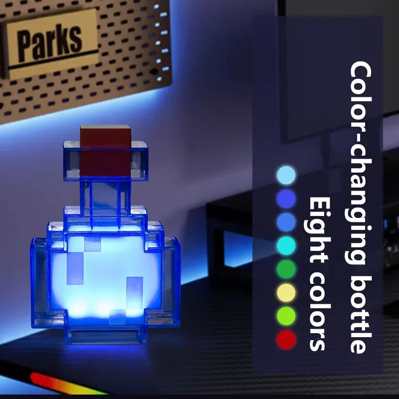 bouteille médicament led rechargeable pixel art contemporain transparent rouge bleu table chambre