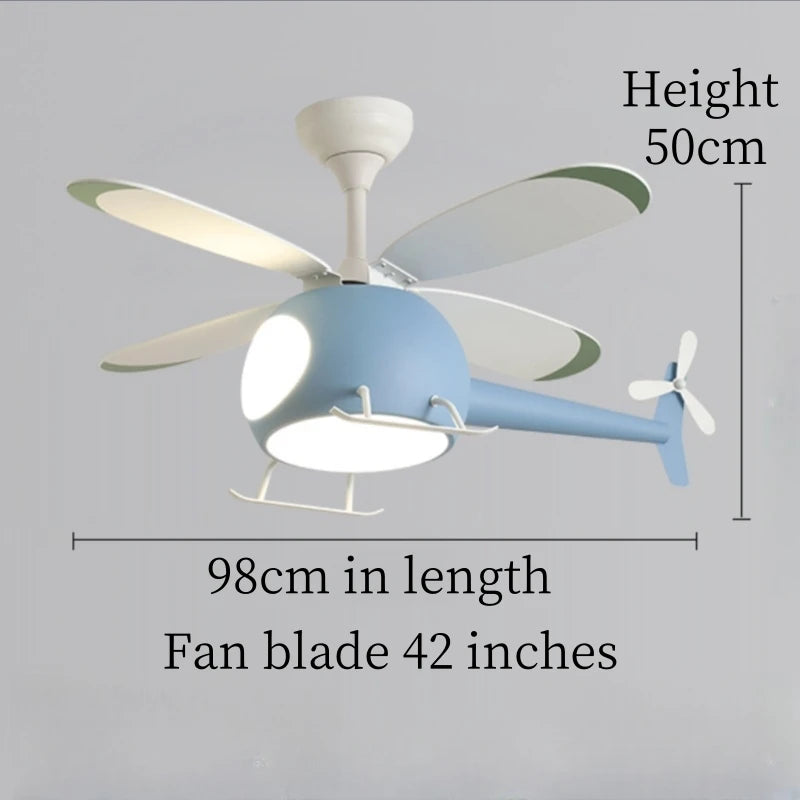 ventilateur lampe intégrée hélicoptère bleu blanc jaune moderne télécommande led enfants chambre salon