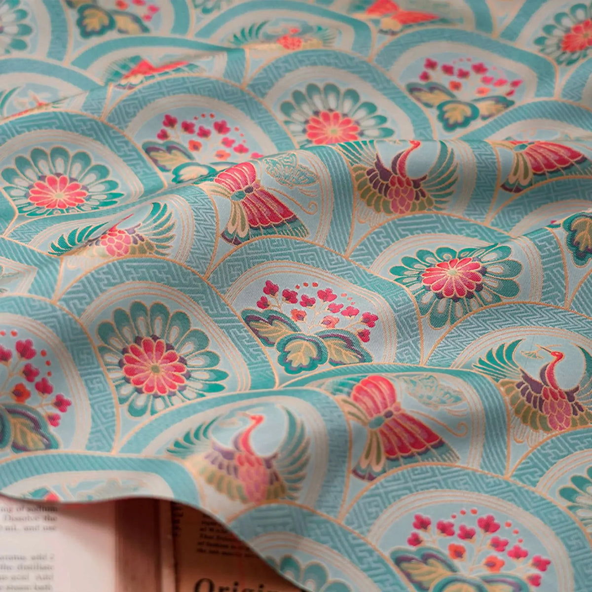 tissu imprimé fleurs papillons polyester bleu rose vert beige classique orné coudre vêtement décoration