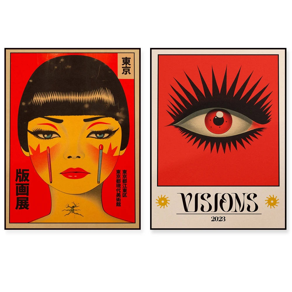 Deux affiches avec des éléments graphiques originaux et expressifs, évoquant une exposition d'art intitulée "Visions 2023".