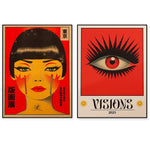 Deux affiches avec des éléments graphiques originaux et expressifs, évoquant une exposition d'art intitulée "Visions 2023".