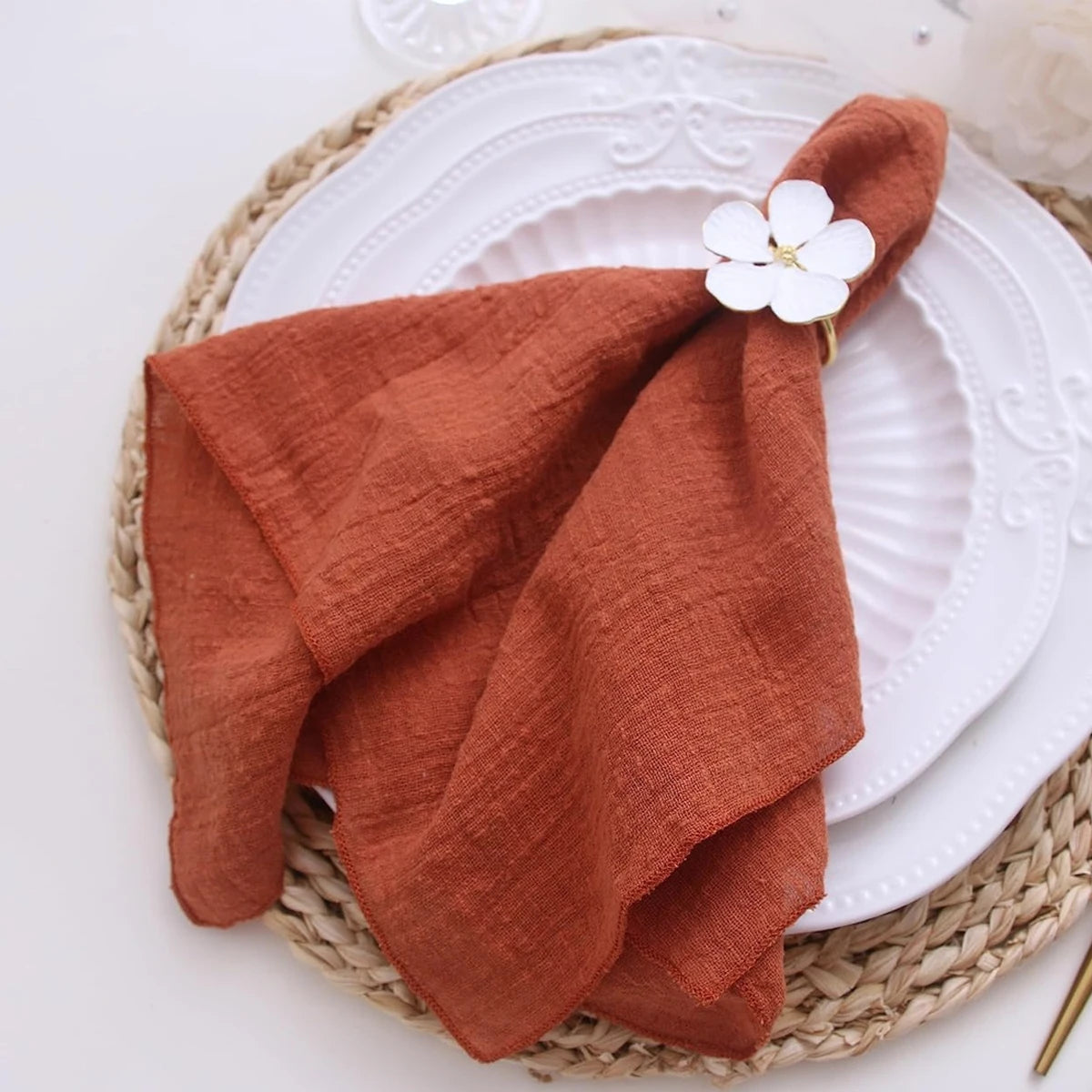 serviettes table orange rustique texture texturée 40x40cm fleurs séchées décoration champêtre