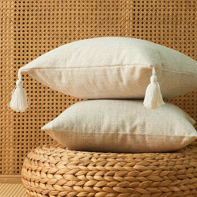coussin carré rustique polyester brodé lin beige clair lavable amovible 45x45cm glands