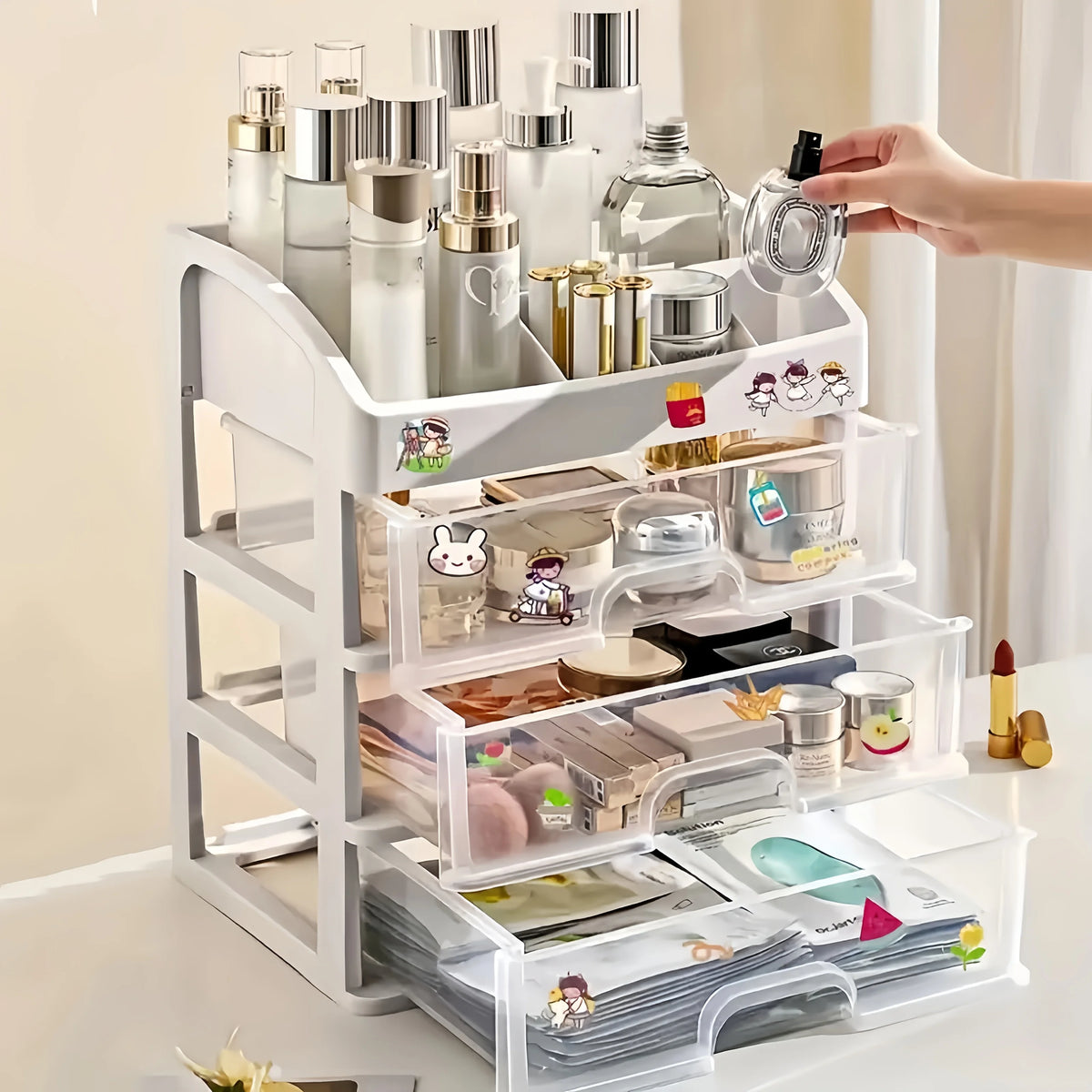 organisateur maquillage blanc moderne sans tiroirs coulissants transparent étiquettes autocollantes brosse maquillage