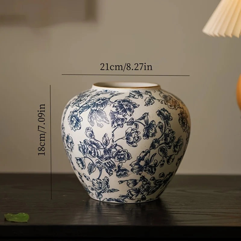 vase ceramic blanc bleu fleurs stylisées classique vintage table cylinder