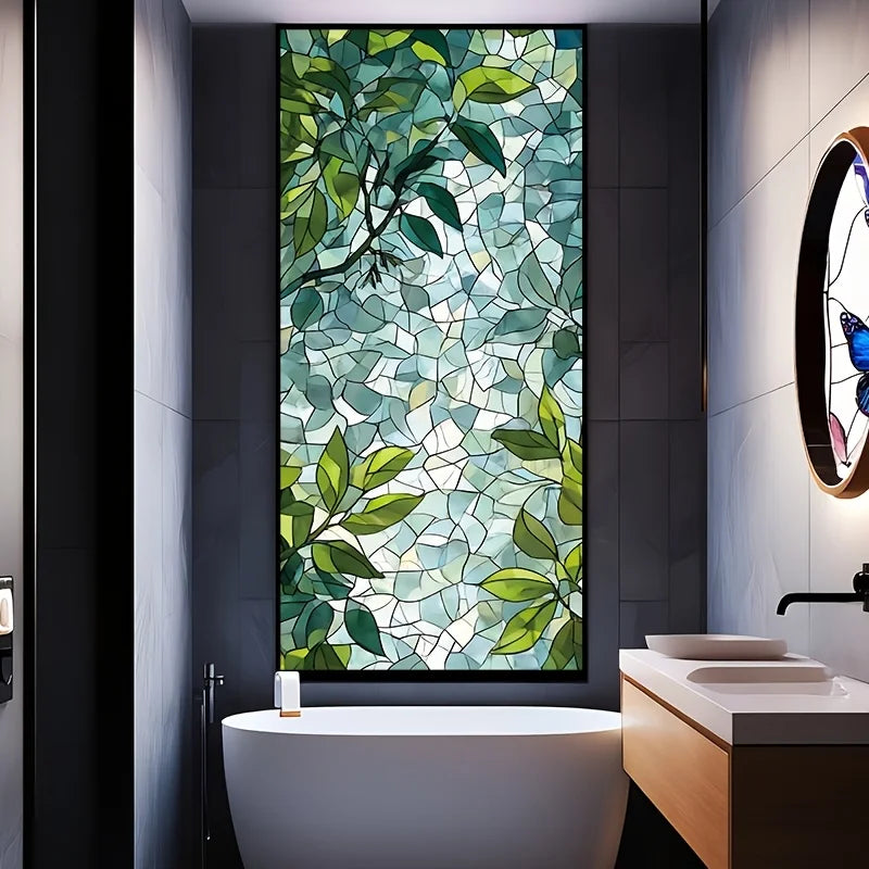film décoratif adhésif feuilles vertes motif mosaïque semi transparent nature vitrail 100cm 45cm