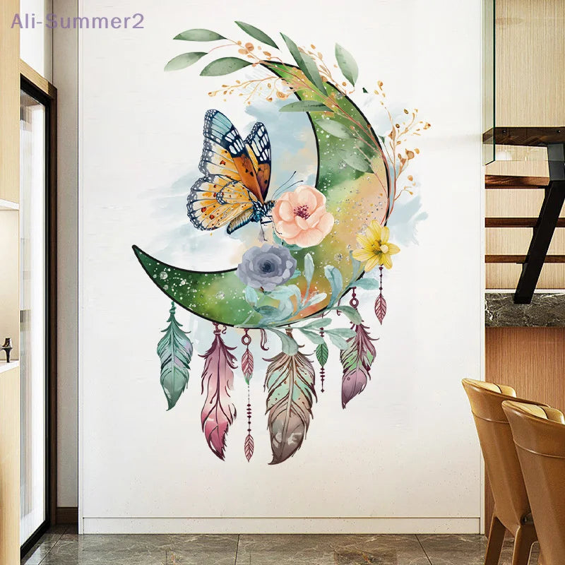 sticker mural boho chic floral papillons multicolore vert bleu rose facile installer opaque