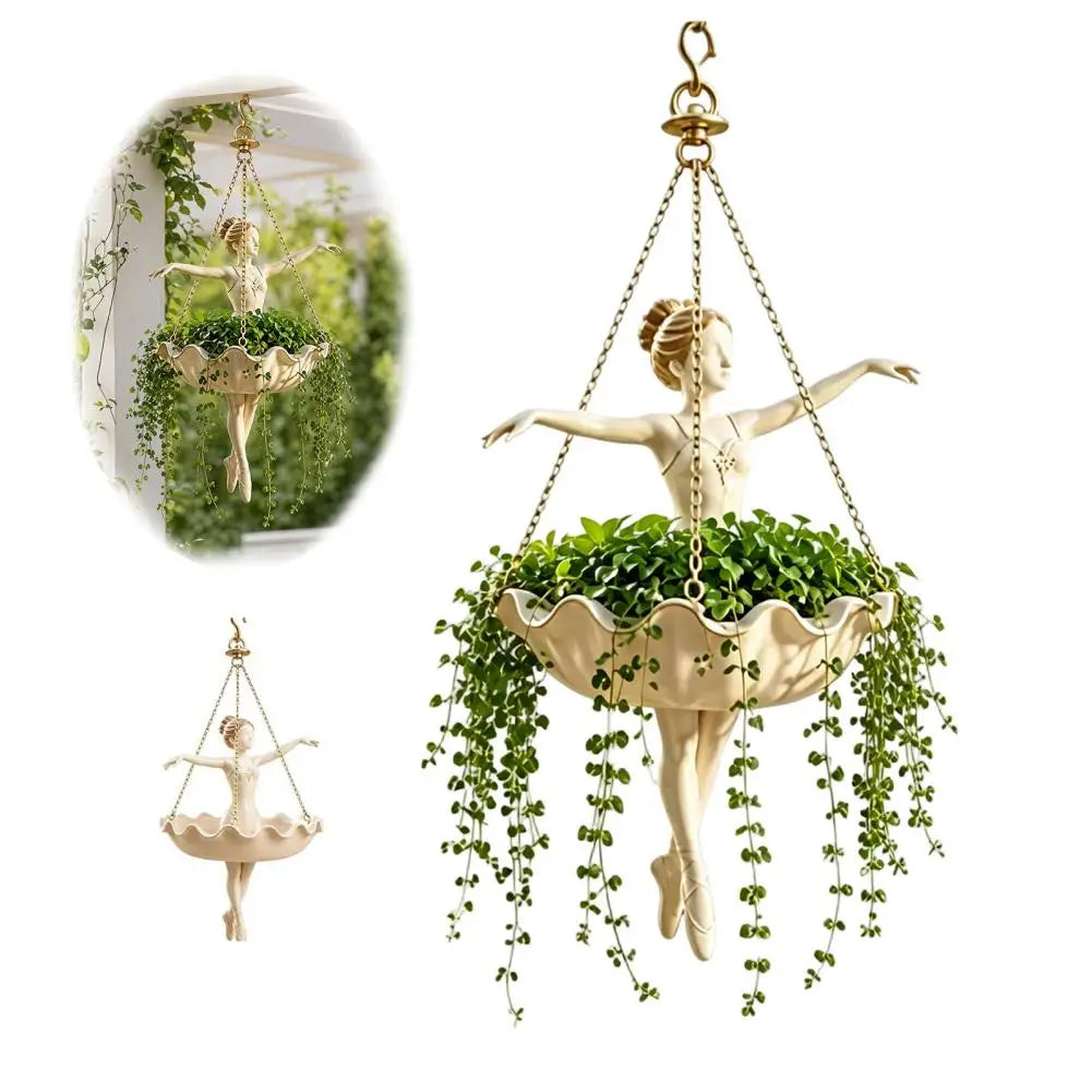 pot fleurs suspendu ballerine sculptée détails costume ondulé élégant chaîne métallique plante grimpante retombante