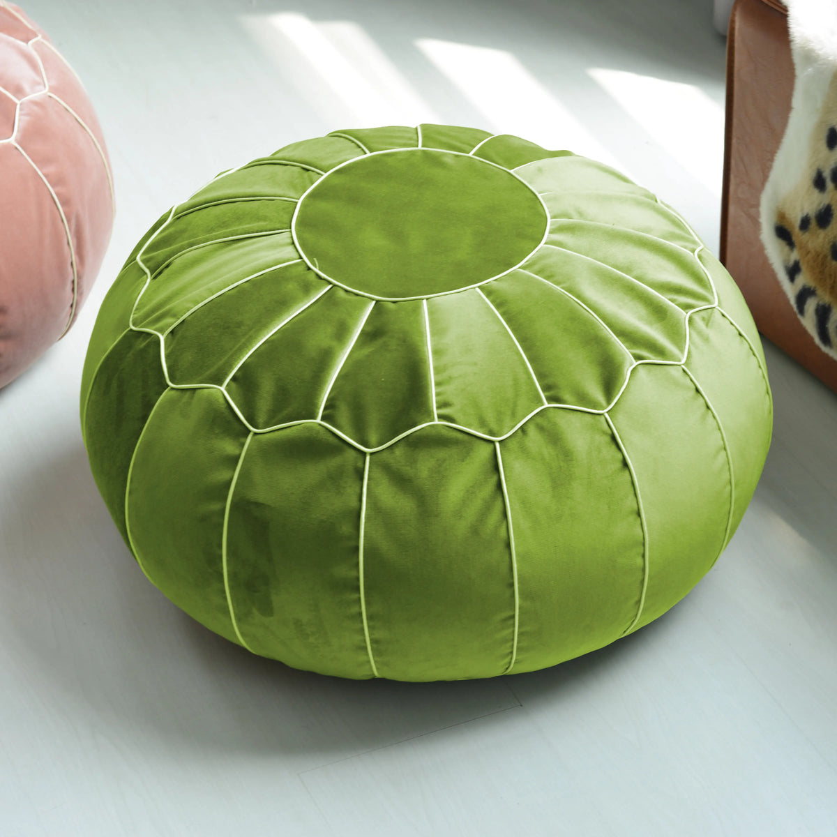 pouf rond décoratif polyester coton couleur vert blanc bleu marine rose orange moderne ethnique