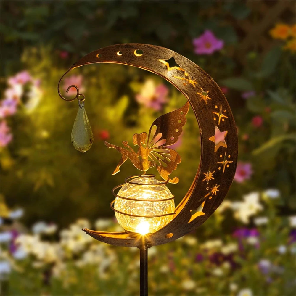 lampe solaire or lune sculptée motifs floraux artisanale deco extérieure fleurs étoiles papillon fixe