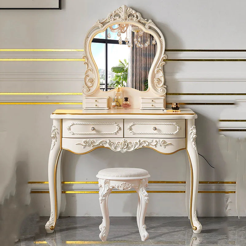 maquillage blanc ornements floraux six tiroirs grand miroir tabouret chambre classique