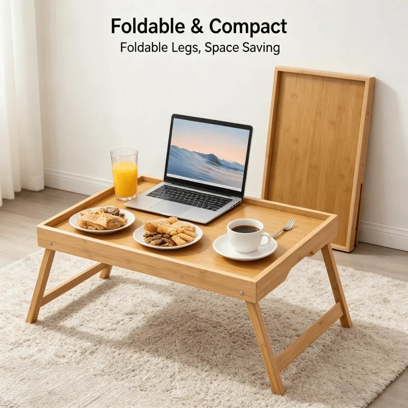 table pliable bois naturel moderne serviette bol tasse assiettes fruits gâteaux portable