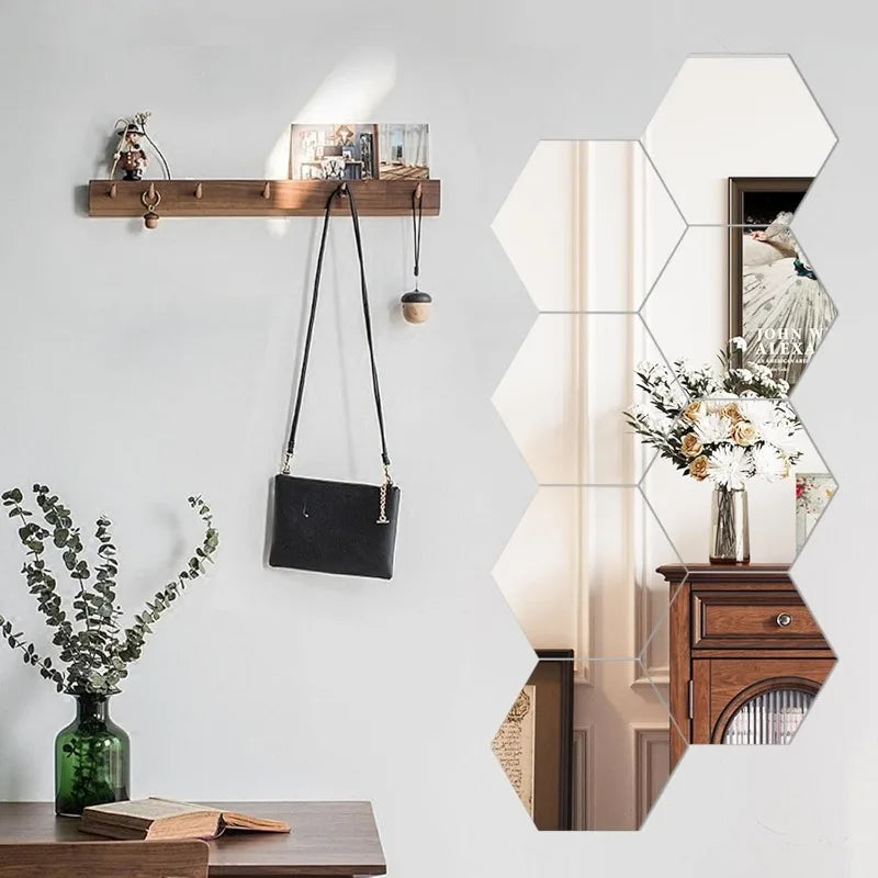 miroir hexagonal argenté adhésif moderne salle bain sport décoration porte 60 pièces