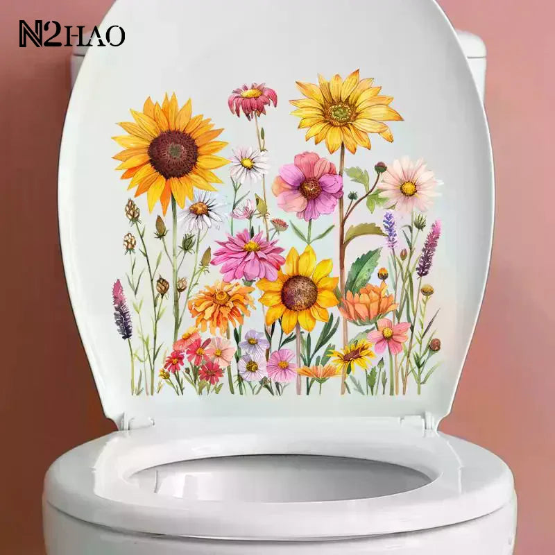 sticker mural décoration toilette fleurs tournesols papillons moderne pvc multicolore illustration réaliste