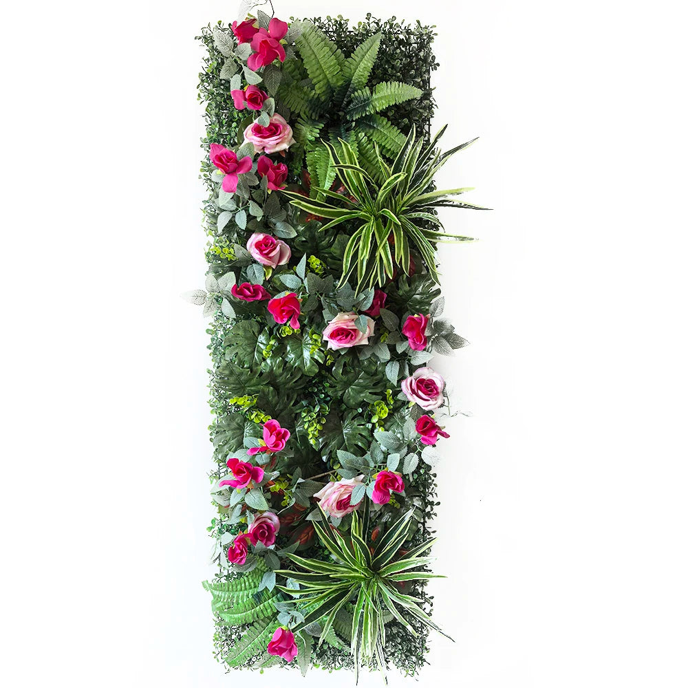 panneau végétal artificiel fleurs roses feuilles vertes décoration murale jardin mariage extérieur intérieur moderne