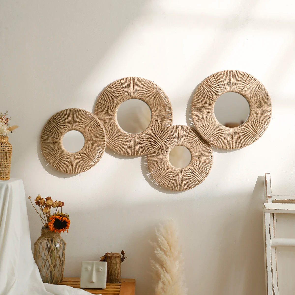 miroir mural rond tressé boho chic couleur beige noir blanc deco chambre salon