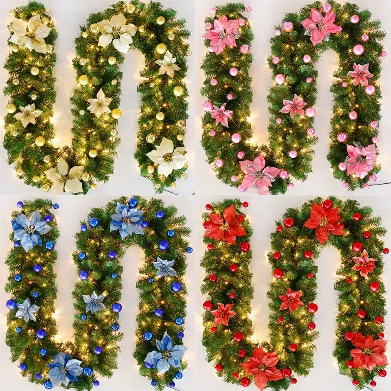 Guirlande Noël fleurs artificielles boules décoratives lumineuses intérieur festif vert doré rouge bleu