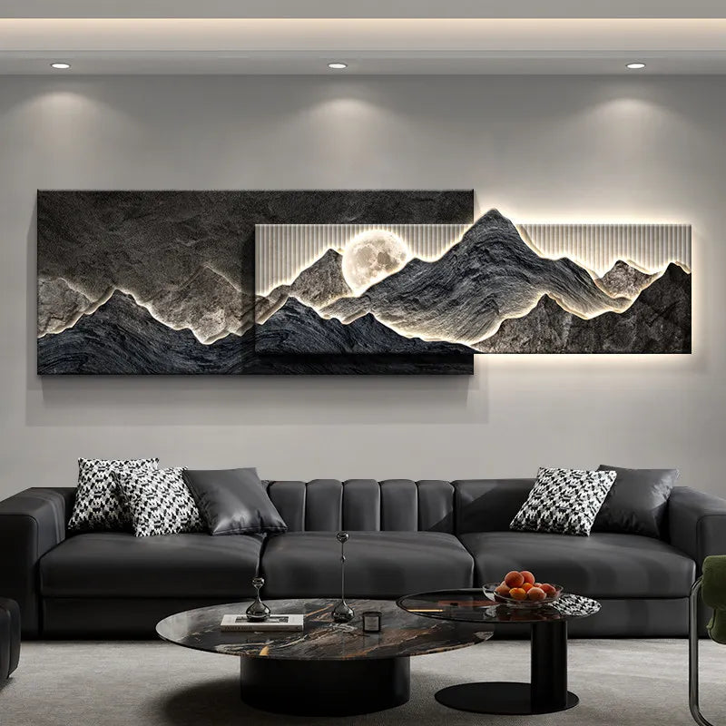 tableaux decoratifs muraux modernes paysagistes cascade arbres effet texturé salon marron foncé