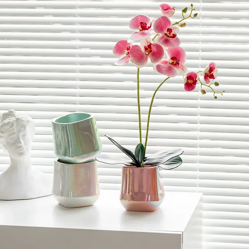 Cache pot céramique moderne blanc doré noir plante verte lisse brillant minimaliste