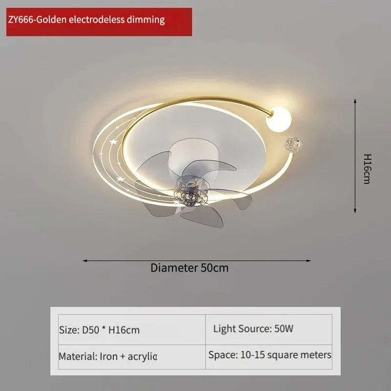 ventilateur moderne sphères blanches anneaux dorés télécommande lumière led salon luxe