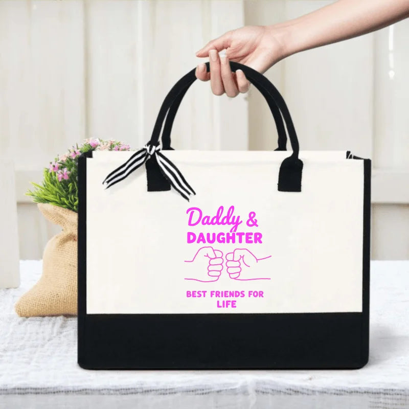 sac main toile beige noir imprimé daddy daughter best friends rose noeud poignées réutilisable
