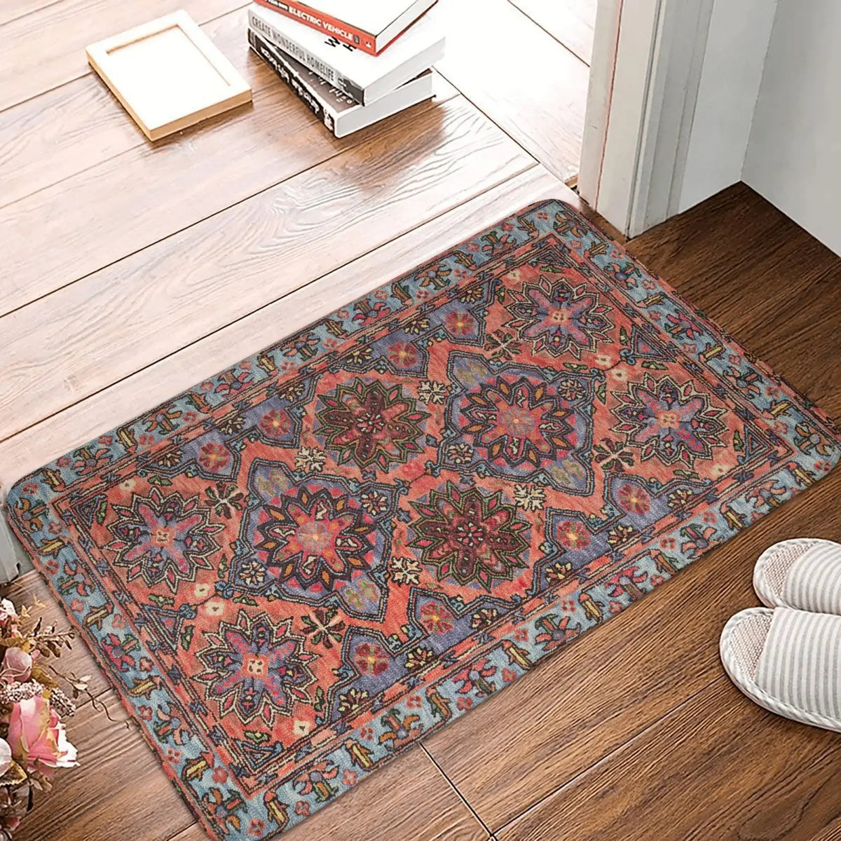 tapis ethnique traditionnel rouge bleu beige antidérapant intérieur extérieur doux porte sol cuisine