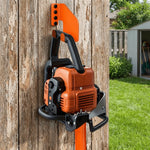 support mural industriel noir orange outils jardin vis cheville fixations robustes tronçonneuse pelles multifonctionnels