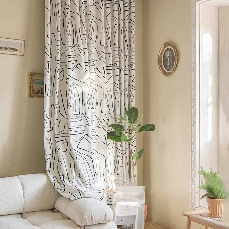 rideau moderne polyester crème noir motif linéaire salon opacité élevée minimaliste