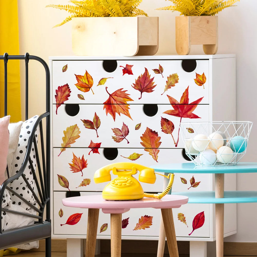 sticker mural feuilles automne adhésif moderne rouge orange vert chambre salon decoration