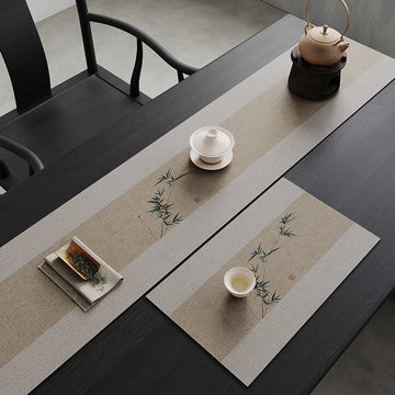 chemin table décoratif motif floral bambou moderne beige gris vert salle manger