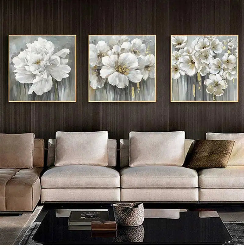 peinture contemporaine fleurs blanches toile acrylique blanc gris doré minimaliste sans cadre 20x20cm 30x30cm