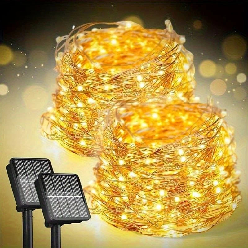 guirlande lumineuse solaire extérieure fil cuivre blanc doré led étanche décoration jardin terrasse mariage