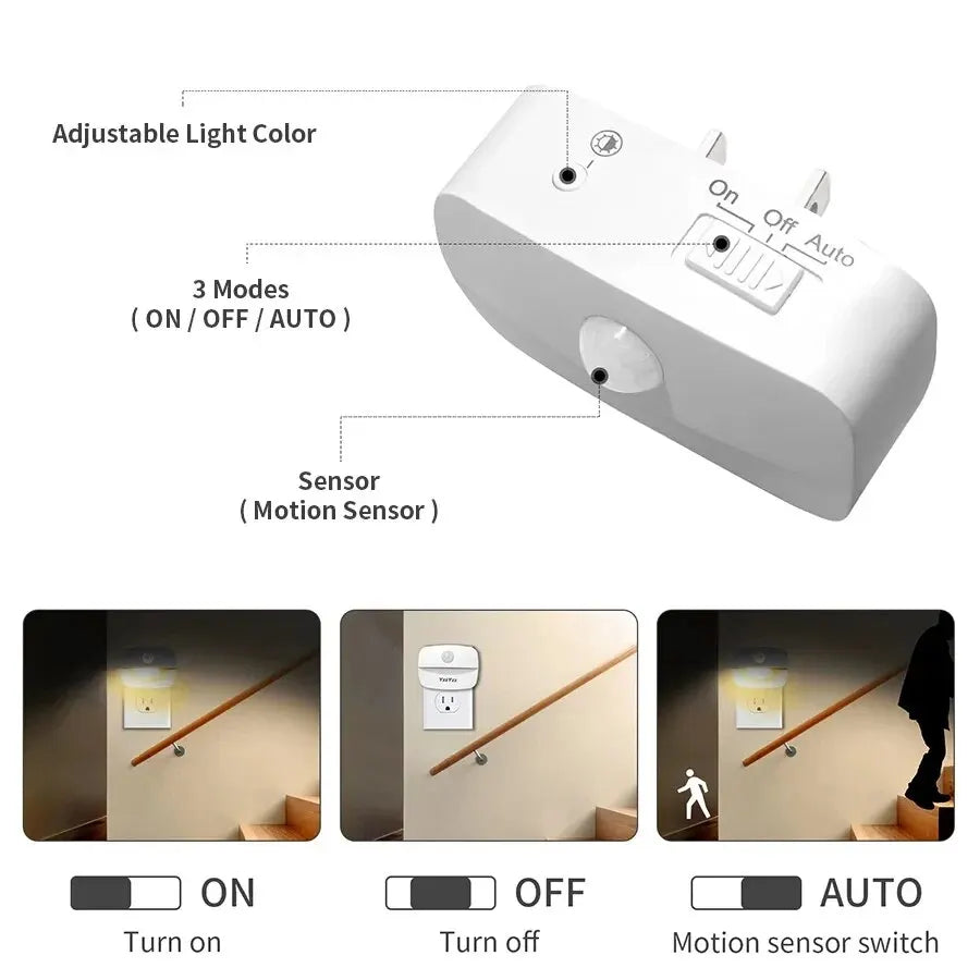 lampe nuit détecteur mouvement blanc moderne compact adhésif interrupteur manuel auto prise électrique