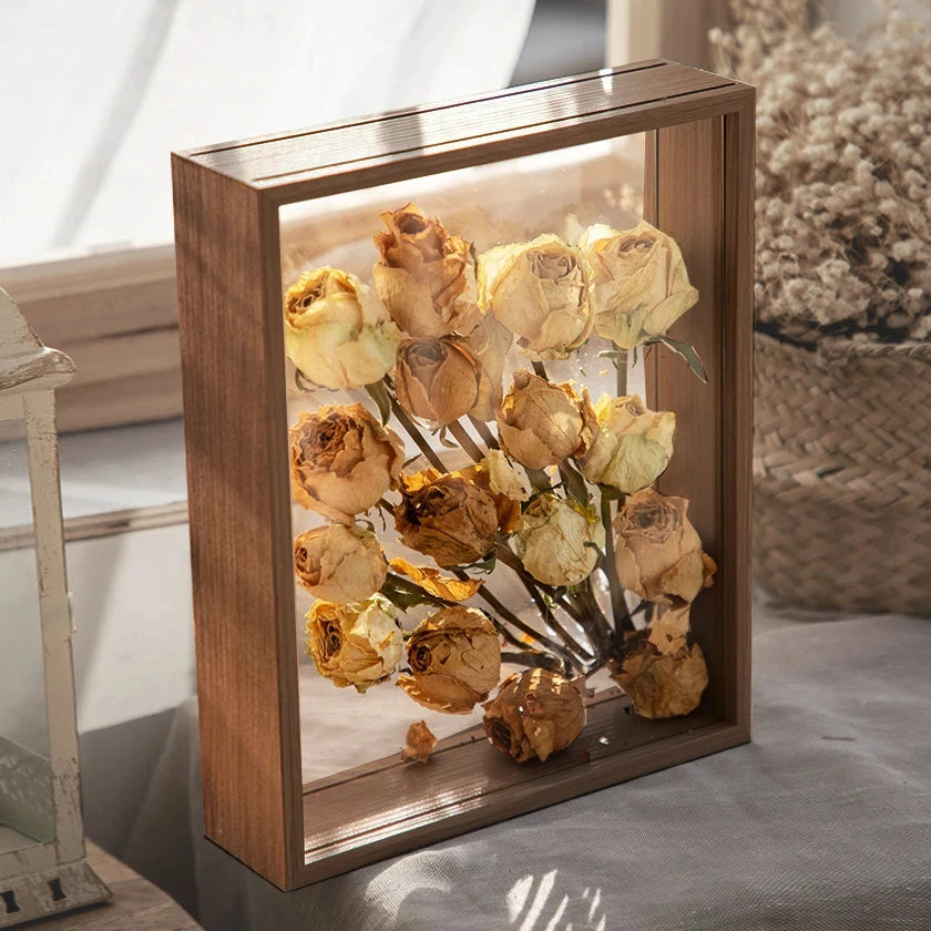 cadre bois moderne fleurs séchées transparent verre beige brun inch đen