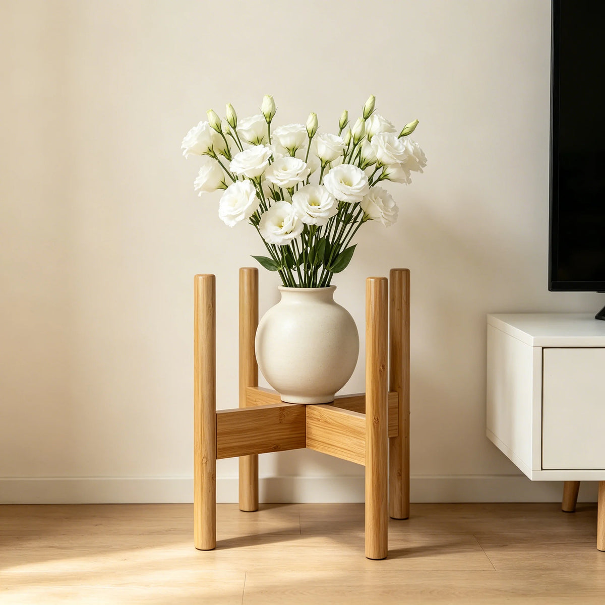 support plantes bois minimaliste moderne intérieur salon balcon terrasse diverse plantes fleurs blanc roses