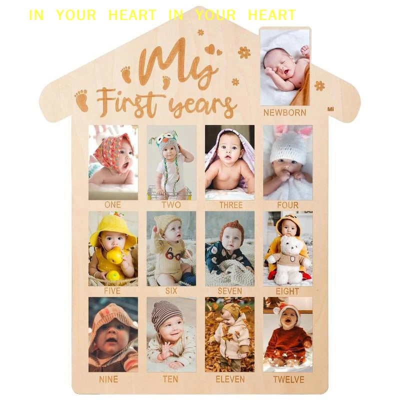cadre photo mural bois naturel gravure moderne photos bébé minimaliste decoration wall monthly steps