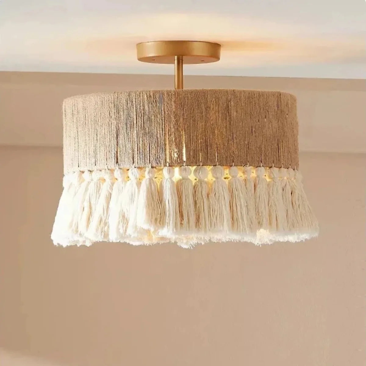 lampe suspendue tissu tressé boho chic beige doré franges blanches 40cm 50cm 60cm