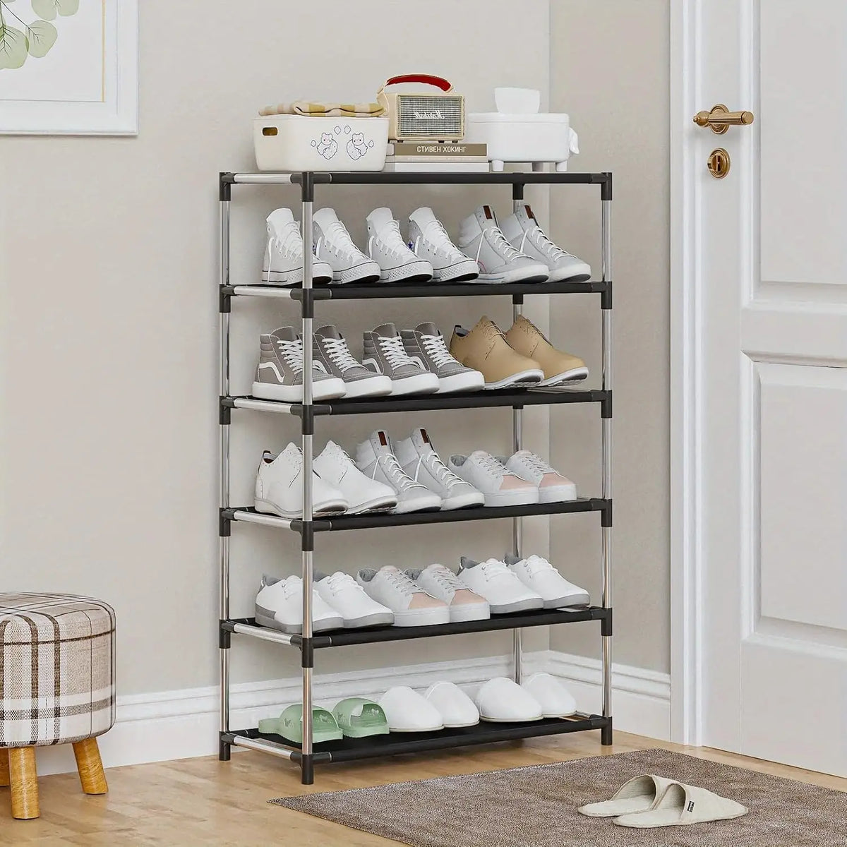 étagère chaussures multi niveaux gris métal moderne réutilisable fixations plastiques porte chaussures