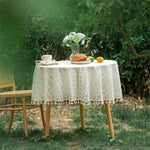 nappe table crochet pompons dentelle beige motifs floraux boho chic réutilisable coton table restaurantextérieur