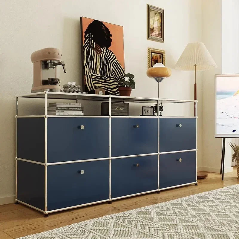 meuble tiroirs bleu marine moderne pieds ronds tiroirs store living room bois métal