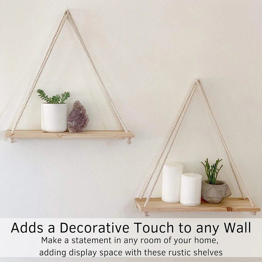étagère suspendue bois naturel blanc rustique minimaliste accrochée mur ficelle clips fixation plantes fleurs