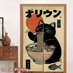 rideau porte vintage japonais chat noir nouilles poisson beige gris polyester opaque crochets chambre