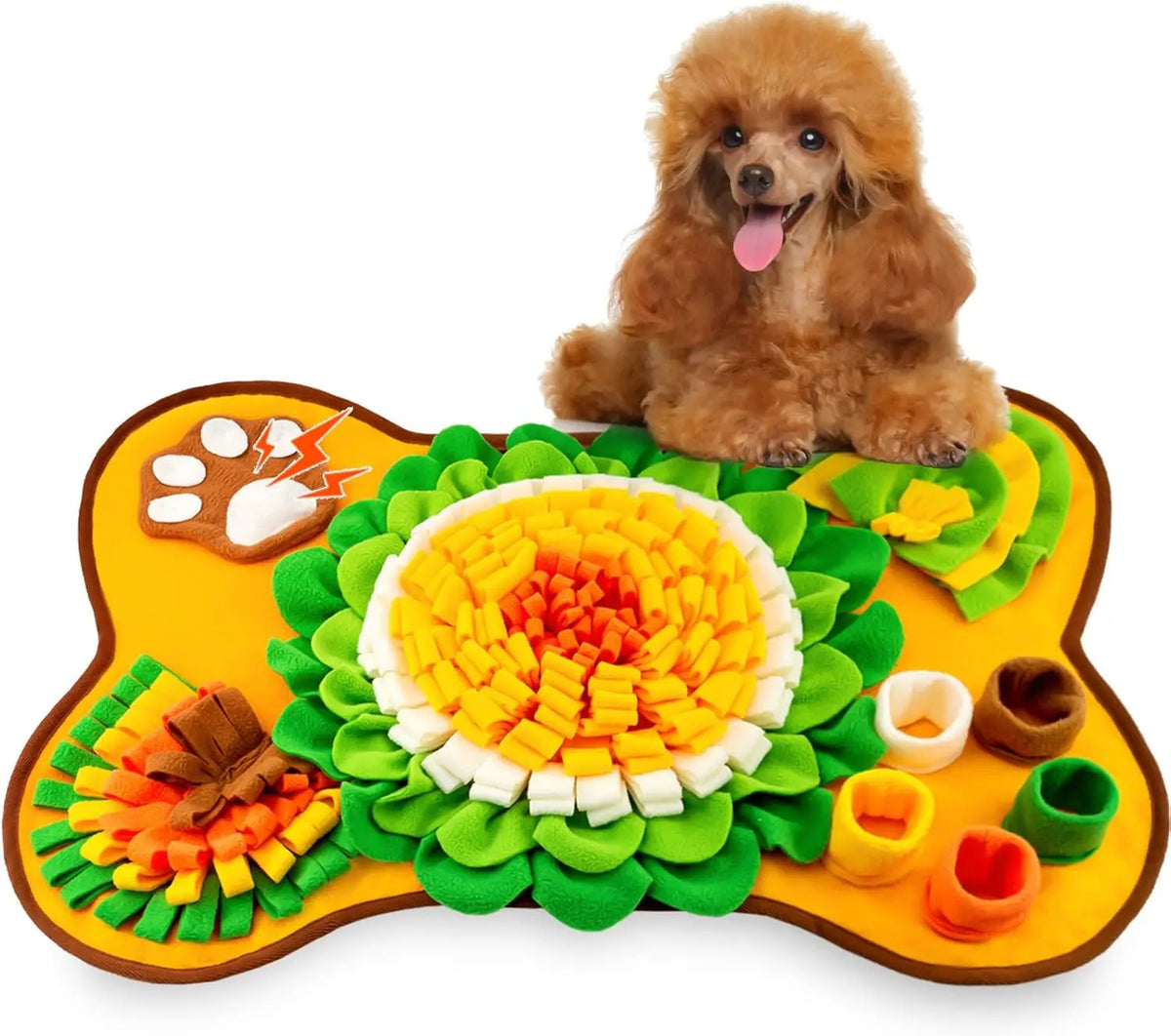 jouet interactif chien fleurs motifs géométriques orange vert blanc marron clair non slip