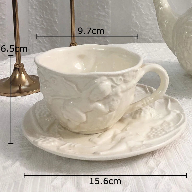 tasse céramique porcelaine ange feuilles rose blanc classique théière soucoupe couvercle