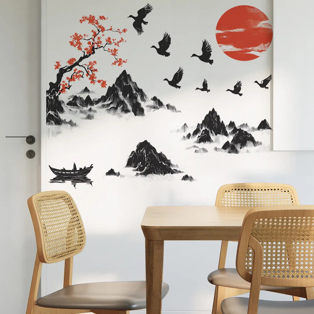 sticker mural paysage chinois oiseaux volant fleurs montagnes solstice décoration intérieure salon chambre