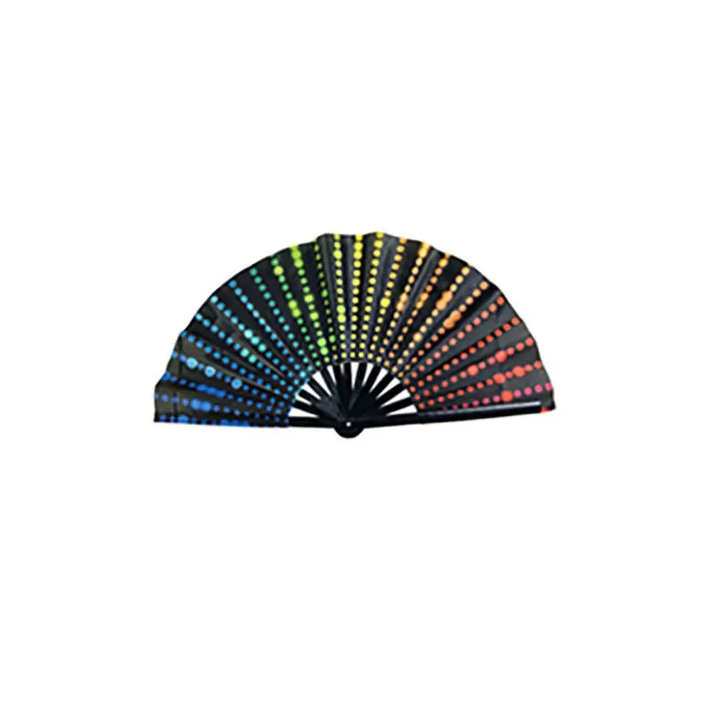 éventail pliant bambou tissu noir multicolore motif géométrique classique moderne