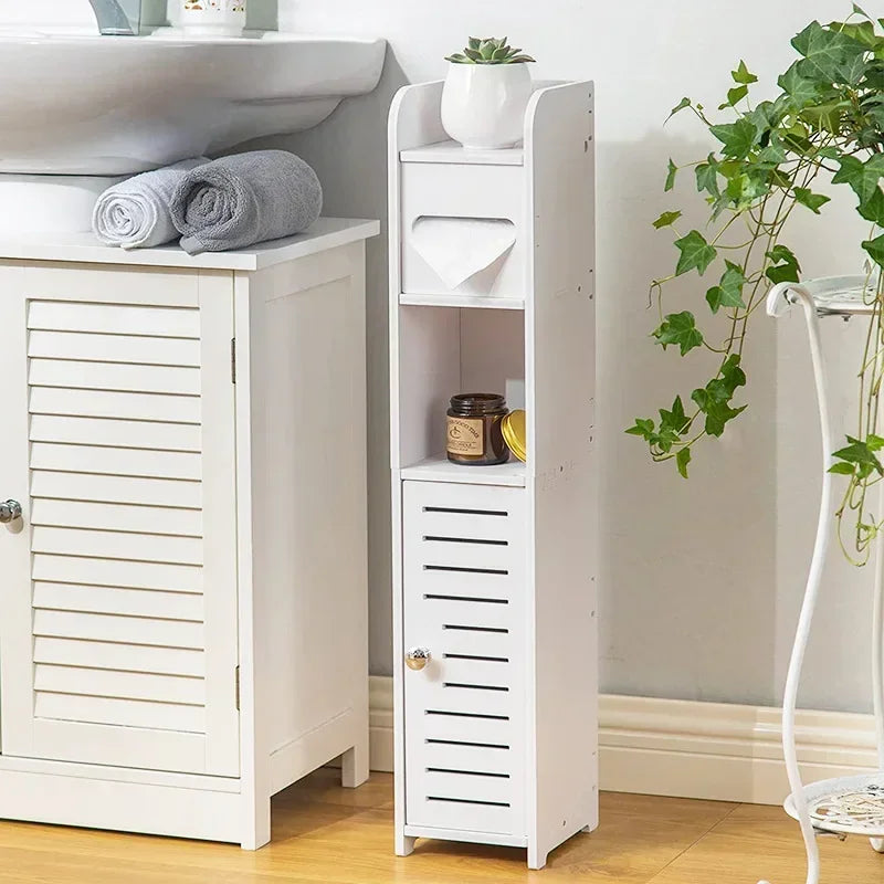 meuble rangement blanc lattes verticales moderne petite plante papier toilette clorox boite geometrique 80cm
