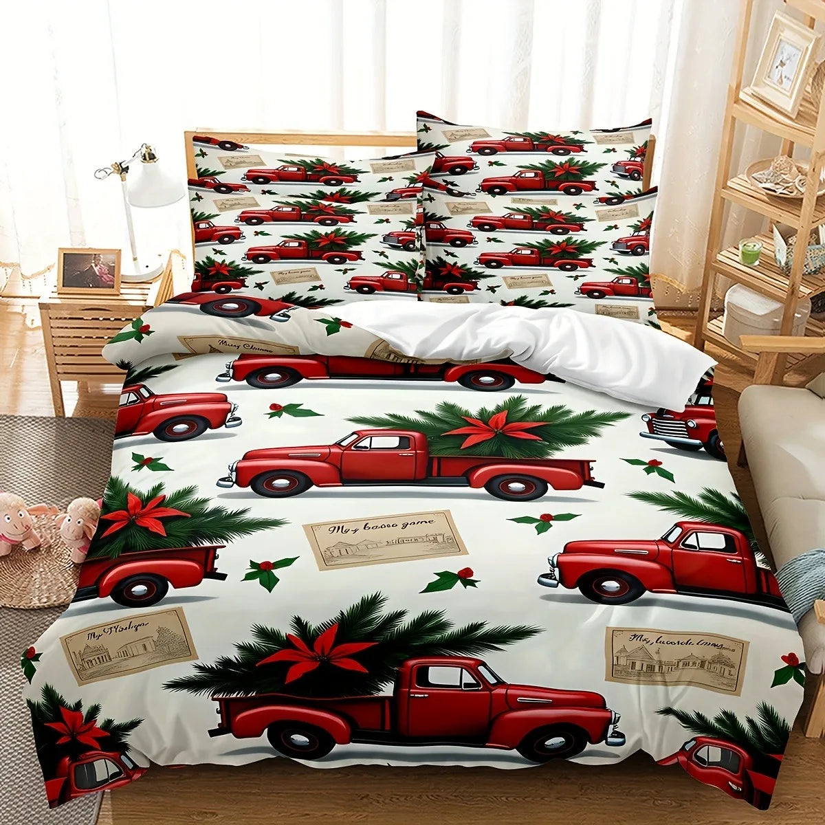 ensemble literie impression 3d camions noel blanc rouge vert oreillers taies doreiller drap plat